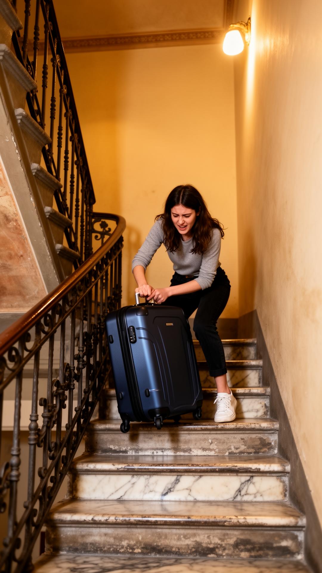 Pickemap porter carrying luggage up Florence stairs