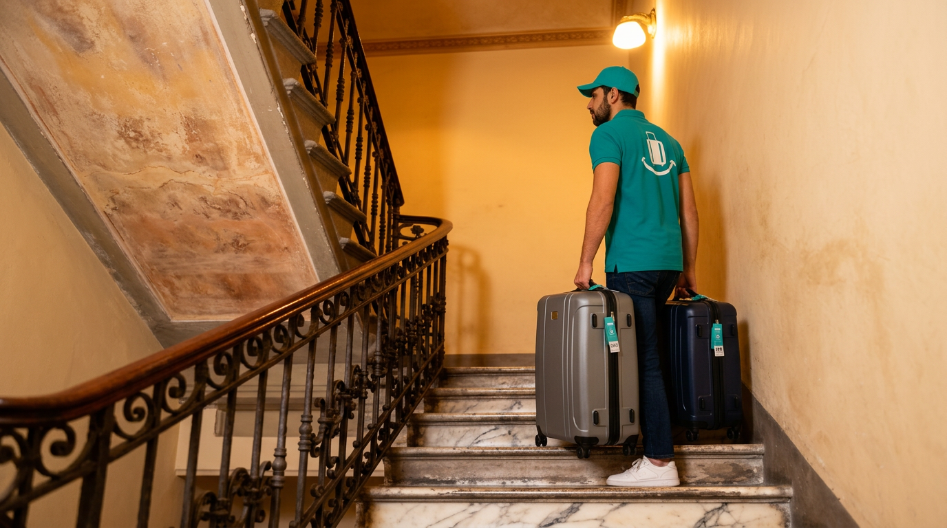 Pickemap courier carrying suitcases up stairs